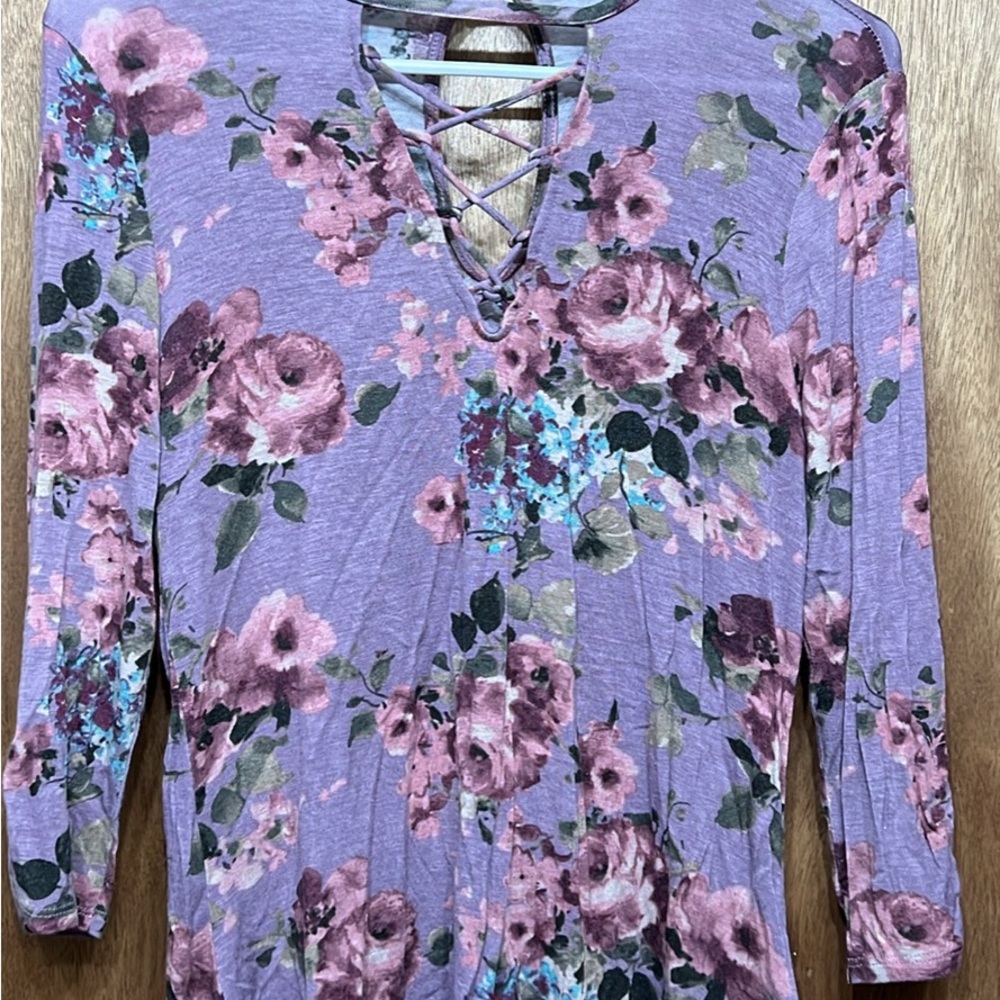 Maurices Purple Floral Lace-Up Blouse